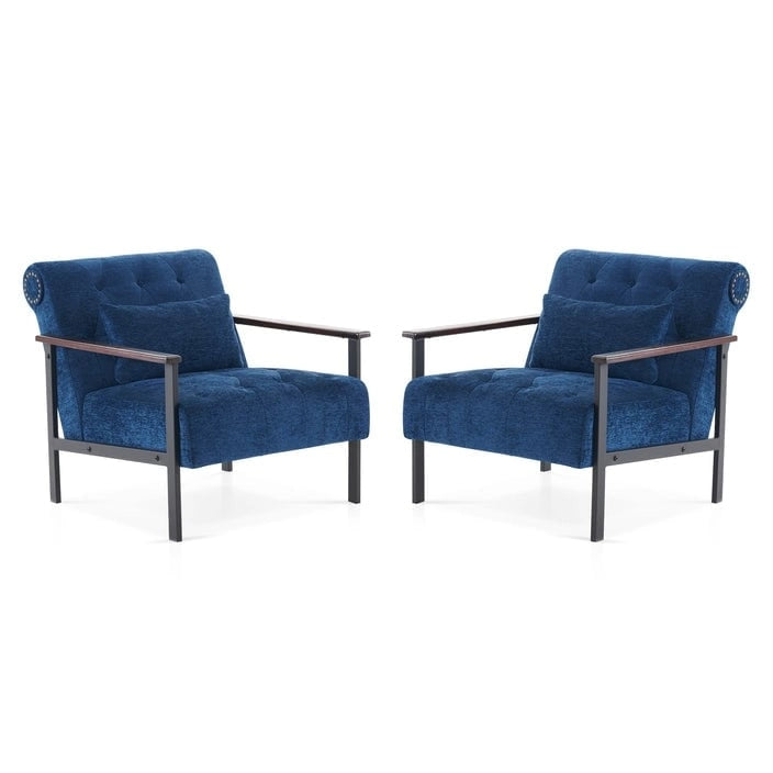 Fauteuil d'appoint déhoussable en chenille bleu foncé/vert/gris/argent/blanc/jaune, lot de 2