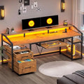 Bureau d'angle en L de gaming et de bureau, 1 personne, marron/gris/noir, avec éclairage LED, tiroirs verrouillables et prise de courant