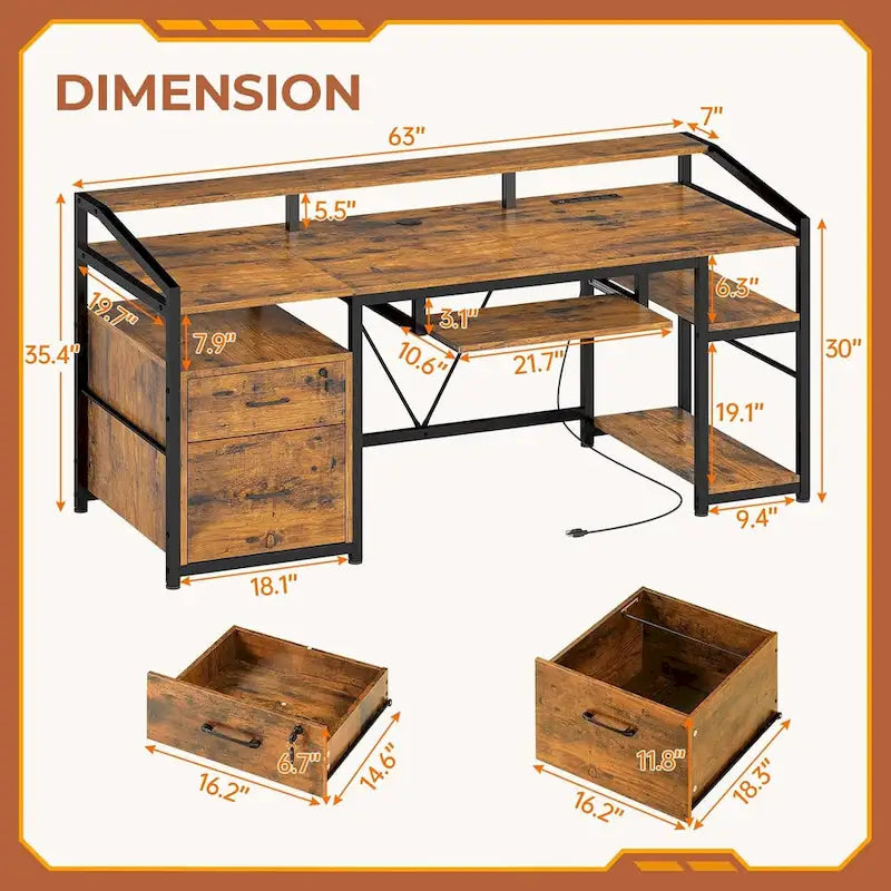 Bureau d'angle en L de gaming et de bureau, 1 personne, marron/gris/noir, avec éclairage LED, tiroirs verrouillables et prise de courant