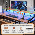 Bureau d'angle en L de gaming et de bureau, 1 personne, marron/gris/noir, avec éclairage LED, tiroirs verrouillables et prise de courant
