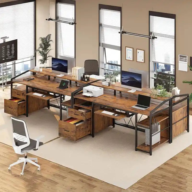 Bureau d'angle en L de gaming et de bureau, 1 personne, marron/gris/noir, avec éclairage LED, tiroirs verrouillables et prise de courant
