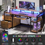 Bureau d'angle en L de gaming et de bureau, 1 personne, marron/gris/noir, avec éclairage LED, tiroirs verrouillables et prise de courant