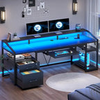 Bureau d'angle en L de gaming et de bureau, 1 personne, marron/gris/noir, avec éclairage LED, tiroirs verrouillables et prise de courant