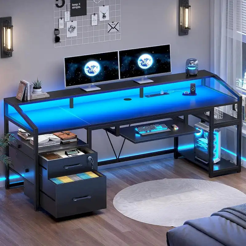 Bureau d'angle en L de gaming et de bureau, 1 personne, marron/gris/noir, avec éclairage LED, tiroirs verrouillables et prise de courant