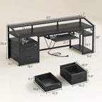 Bureau d'angle en L de gaming et de bureau, 1 personne, marron/gris/noir, avec éclairage LED, tiroirs verrouillables et prise de courant