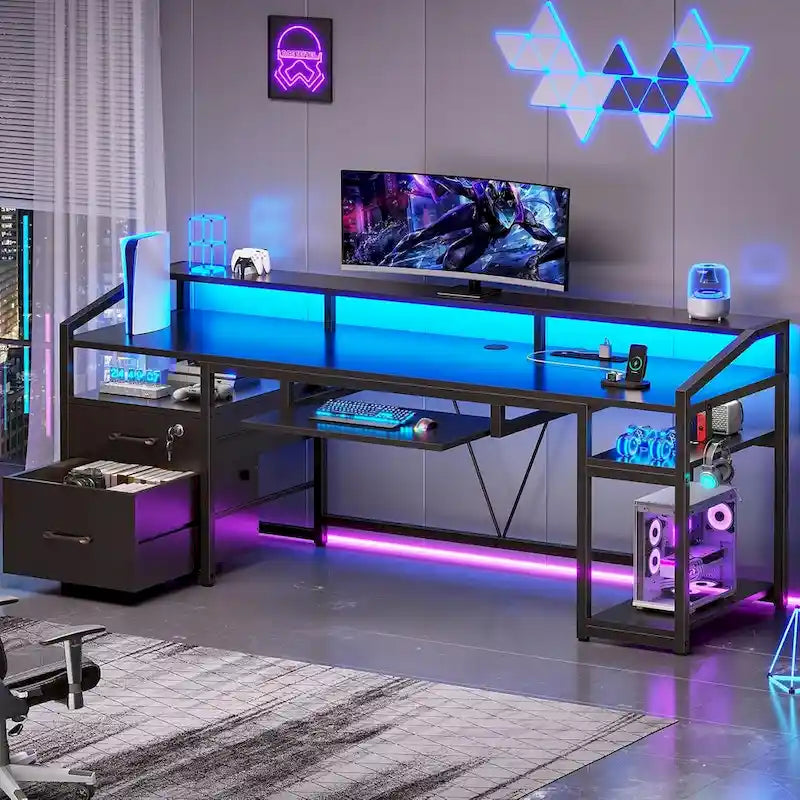 Bureau d'angle en L de gaming et de bureau, 1 personne, marron/gris/noir, avec éclairage LED, tiroirs verrouillables et prise de courant