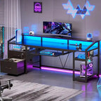 Bureau d'angle en L de gaming et de bureau, 1 personne, marron/gris/noir, avec éclairage LED, tiroirs verrouillables et prise de courant