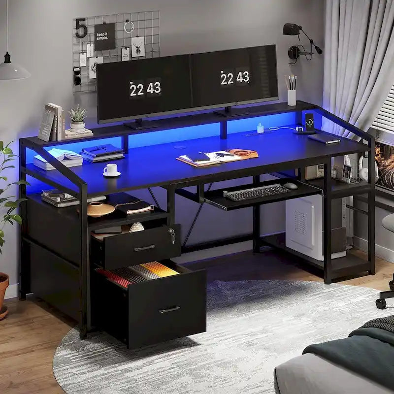 Bureau d'angle en L de gaming et de bureau, 1 personne, marron/gris/noir, avec éclairage LED, tiroirs verrouillables et prise de courant