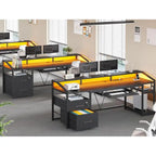 Bureau d'angle en L de gaming et de bureau, 1 personne, marron/gris/noir, avec éclairage LED, tiroirs verrouillables et prise de courant
