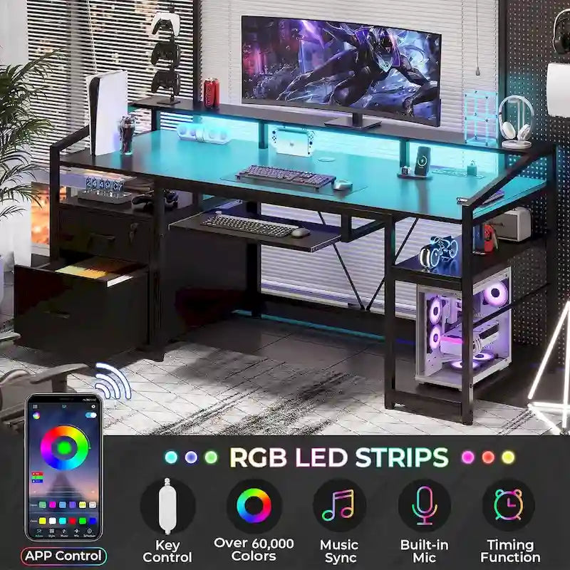 Bureau d'angle en L de gaming et de bureau, 1 personne, marron/gris/noir, avec éclairage LED, tiroirs verrouillables et prise de courant