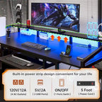 Bureau d'angle en L de gaming et de bureau, 1 personne, marron/gris/noir, avec éclairage LED, tiroirs verrouillables et prise de courant