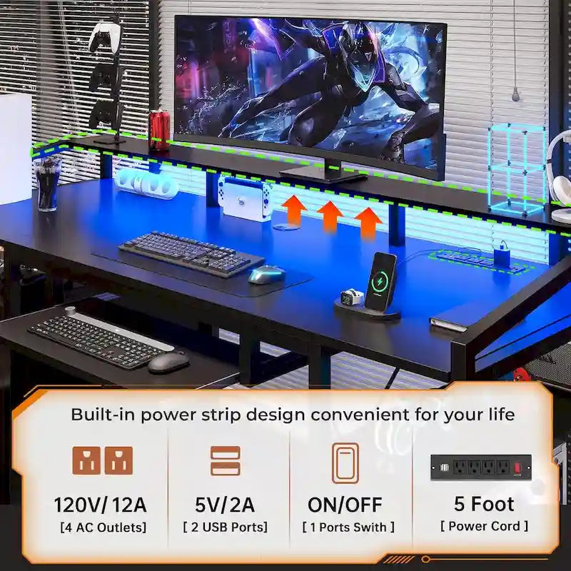 Bureau d'angle en L de gaming et de bureau, 1 personne, marron/gris/noir, avec éclairage LED, tiroirs verrouillables et prise de courant
