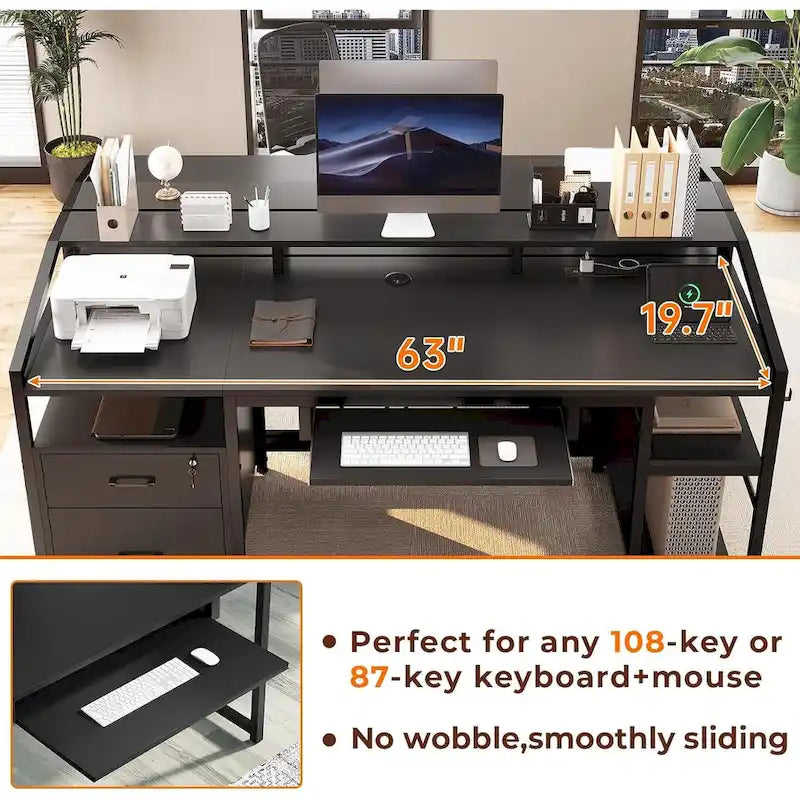Bureau d'angle en L de gaming et de bureau, 1 personne, marron/gris/noir, avec éclairage LED, tiroirs verrouillables et prise de courant