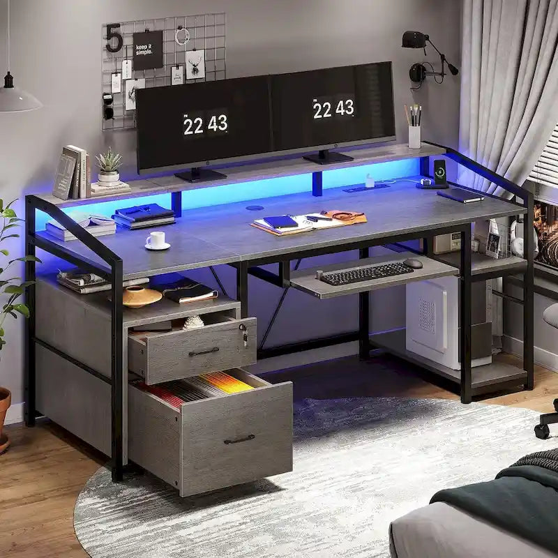 Bureau d'angle en L de gaming et de bureau, 1 personne, marron/gris/noir, avec éclairage LED, tiroirs verrouillables et prise de courant