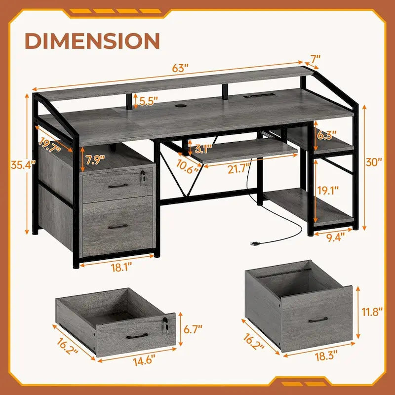 Bureau d'angle en L de gaming et de bureau, 1 personne, marron/gris/noir, avec éclairage LED, tiroirs verrouillables et prise de courant