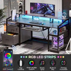 Bureau d'angle en L de gaming et de bureau, 1 personne, marron/gris/noir, avec éclairage LED, tiroirs verrouillables et prise de courant