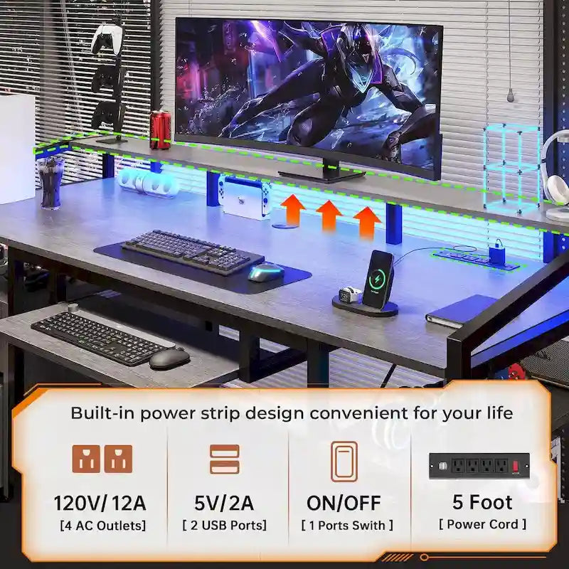 Bureau d'angle en L de gaming et de bureau, 1 personne, marron/gris/noir, avec éclairage LED, tiroirs verrouillables et prise de courant