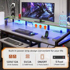 Bureau d'angle en L de gaming et de bureau, 1 personne, marron/gris/noir, avec éclairage LED, tiroirs verrouillables et prise de courant