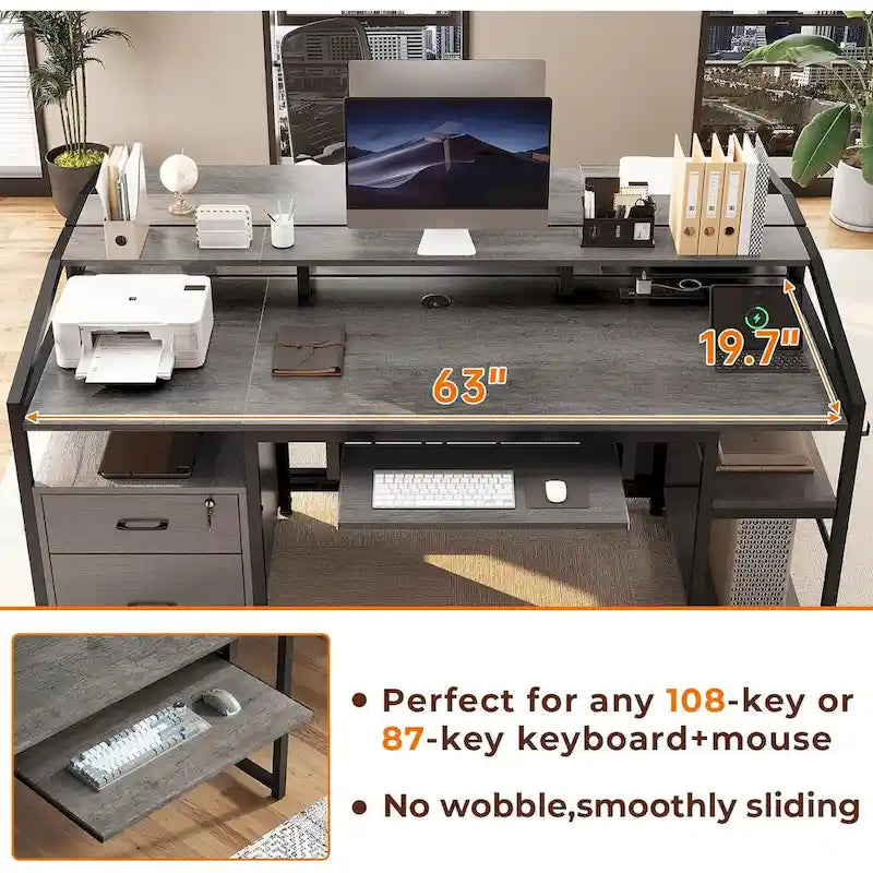 Bureau d'angle en L de gaming et de bureau, 1 personne, marron/gris/noir, avec éclairage LED, tiroirs verrouillables et prise de courant
