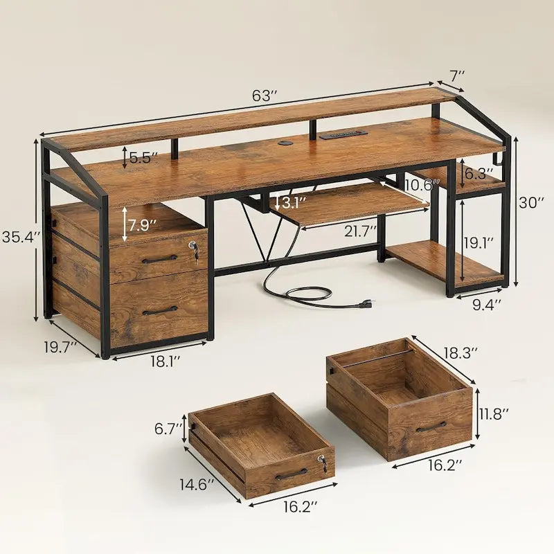 Bureau d'angle en L de gaming et de bureau, 1 personne, marron/gris/noir, avec éclairage LED, tiroirs verrouillables et prise de courant