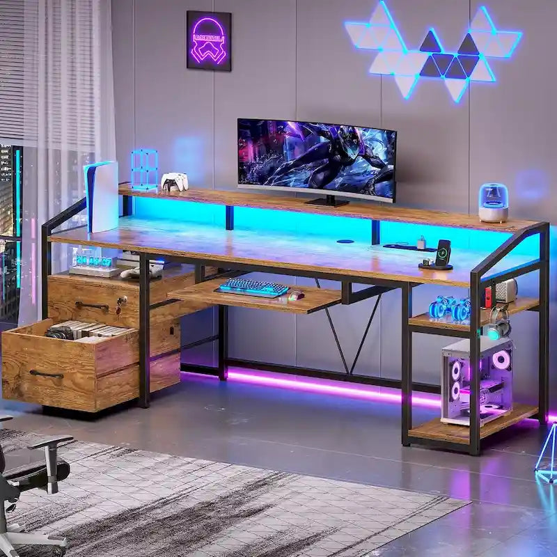 Bureau d'angle en L de gaming et de bureau, 1 personne, marron/gris/noir, avec éclairage LED, tiroirs verrouillables et prise de courant