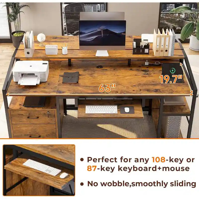 Bureau d'angle en L de gaming et de bureau, 1 personne, marron/gris/noir, avec éclairage LED, tiroirs verrouillables et prise de courant