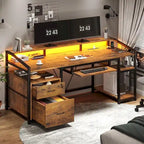 Bureau d'angle en L de gaming et de bureau, 1 personne, marron/gris/noir, avec éclairage LED, tiroirs verrouillables et prise de courant