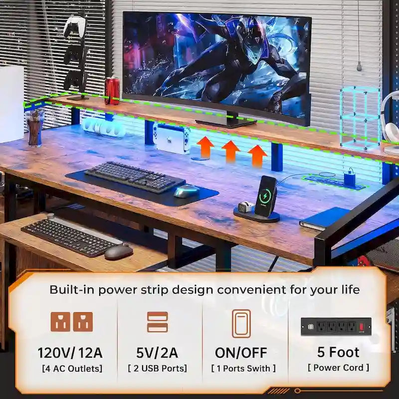 Bureau d'angle en L de gaming et de bureau, 1 personne, marron/gris/noir, avec éclairage LED, tiroirs verrouillables et prise de courant