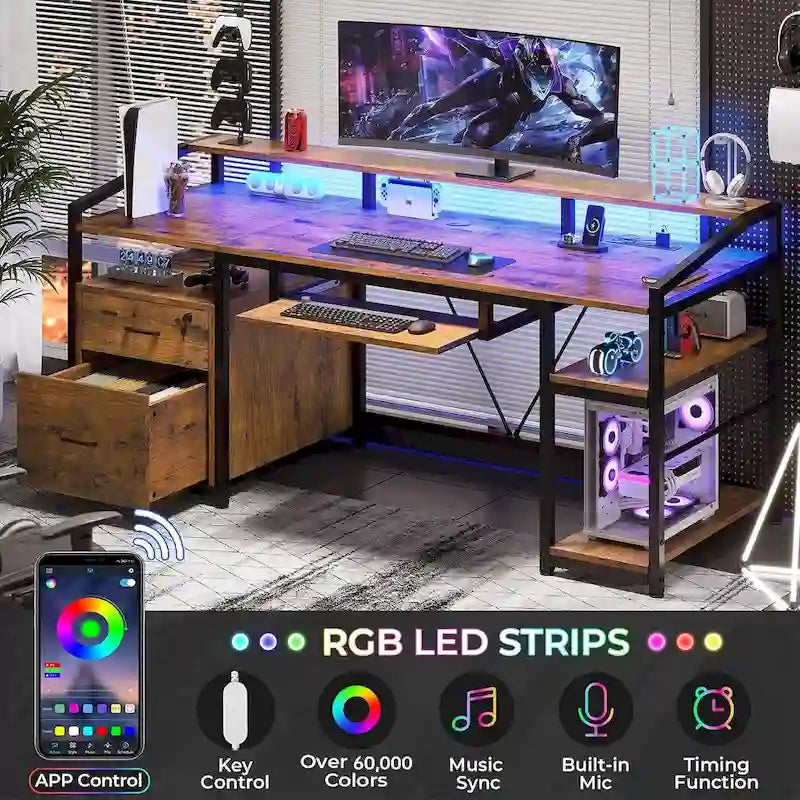 Bureau d'angle en L de gaming et de bureau, 1 personne, marron/gris/noir, avec éclairage LED, tiroirs verrouillables et prise de courant