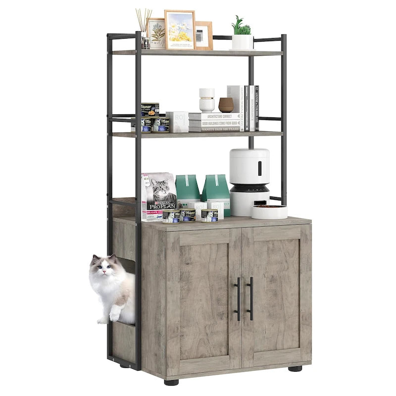 Meuble de litière pour chat 2 en 1 gris/marron avec 3 étagères et porte, pour 1 chat