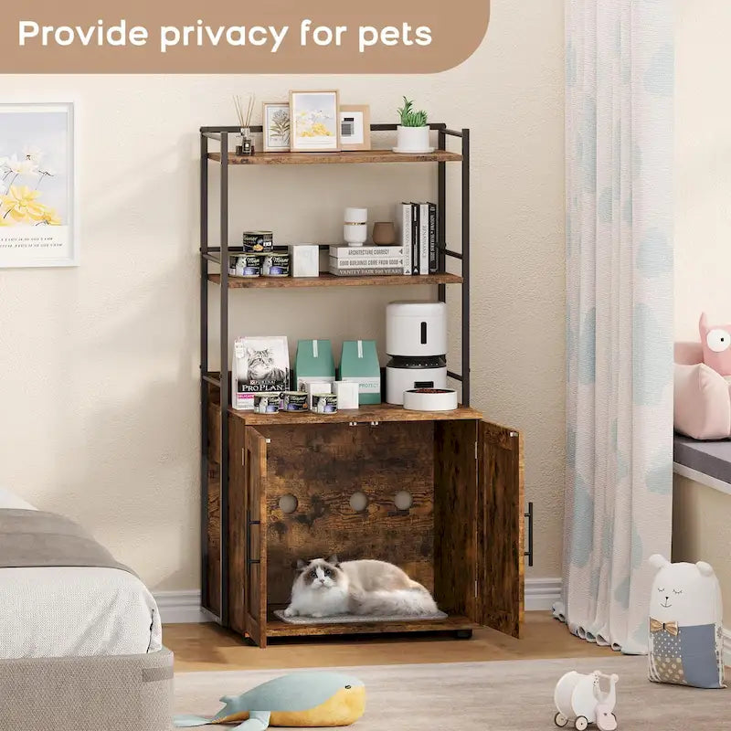 Meuble de litière pour chat 2 en 1 gris/marron avec 3 étagères et porte, pour 1 chat
