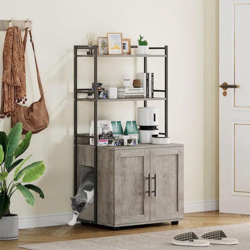 Meuble de litière pour chat 2 en 1 gris/marron avec 3 étagères et porte, pour 1 chat