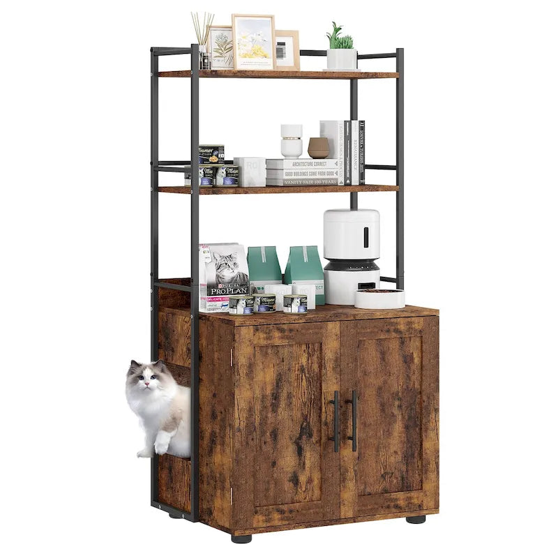 Meuble de litière pour chat 2 en 1 gris/marron avec 3 étagères et porte, pour 1 chat