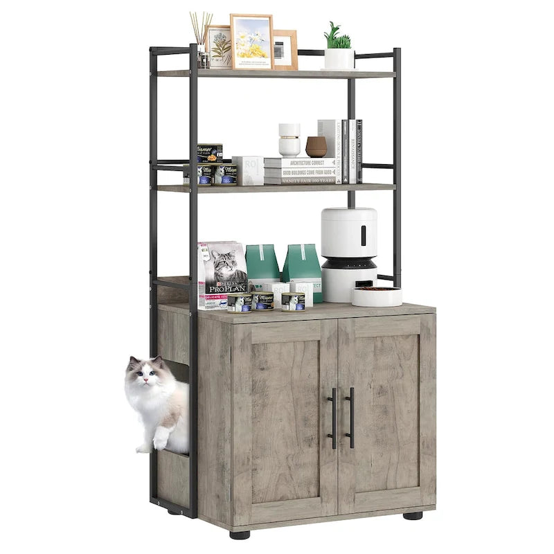 Meuble de litière pour chat 2 en 1 gris/marron avec 3 étagères et porte, pour 1 chat