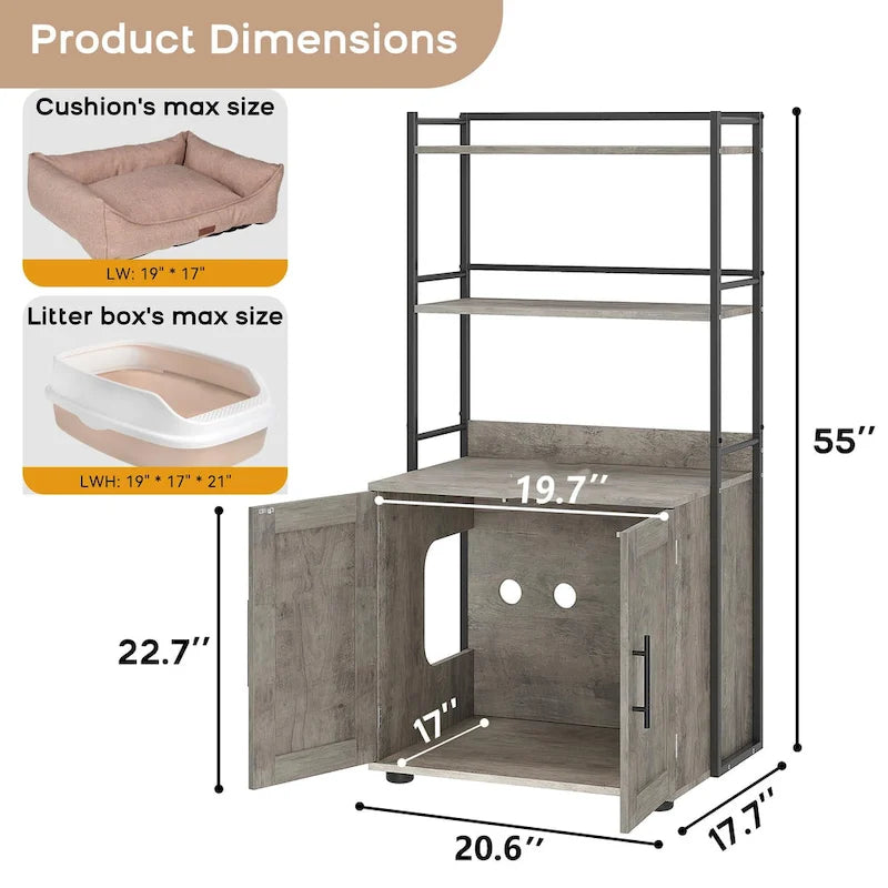 Meuble de litière pour chat 2 en 1 gris/marron avec 3 étagères et porte, pour 1 chat