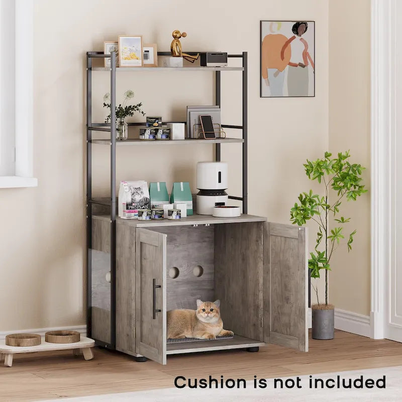 Meuble de litière pour chat 2 en 1 gris/marron avec 3 étagères et porte, pour 1 chat