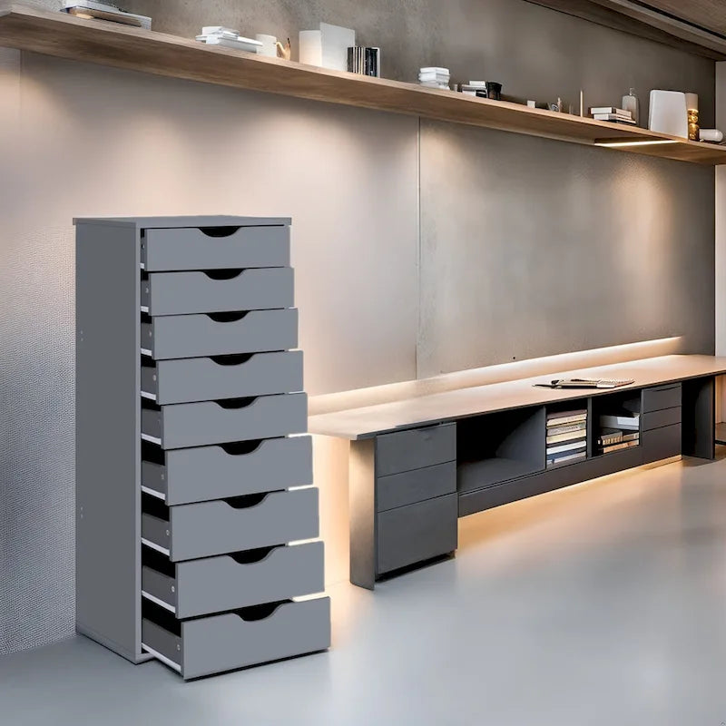 Commode à 9 tiroirs – Noir / Gris / Blanc, unité simple