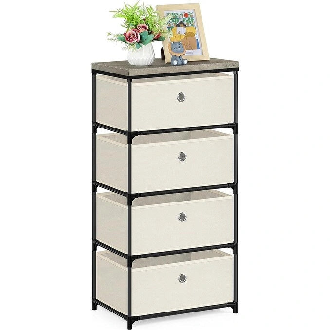 Commode de rangement à 4 tiroirs en tissu — Gris / Beige / Noir / Gris / Blanc cassé, une seule unité