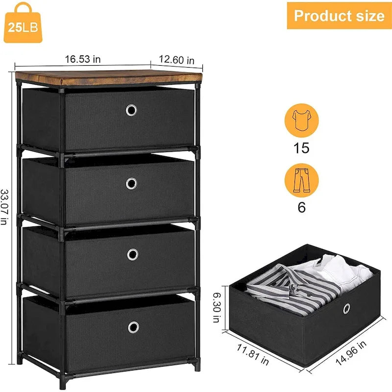 Commode de rangement à 4 tiroirs en tissu — Gris / Beige / Noir / Gris / Blanc cassé, une seule unité
