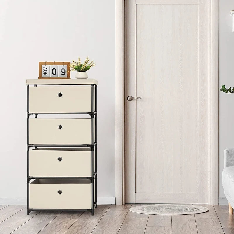 Commode de rangement à 4 tiroirs en tissu — Gris / Beige / Noir / Gris / Blanc cassé, une seule unité
