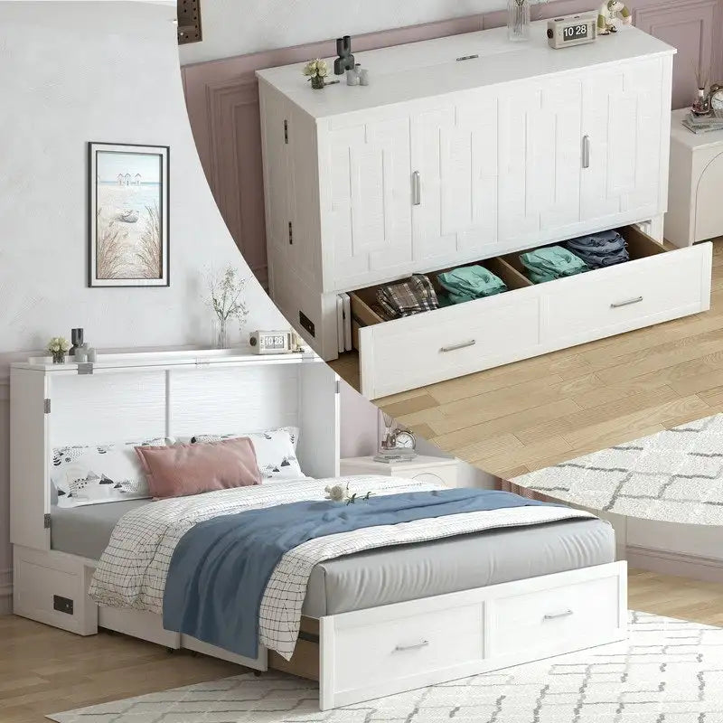 Lit escamotable Armoire-lit Murphy gris foncé / blanc / cerisier avec matelas, tiroir de rangement et station de recharge – Grand lit, 1 personne