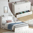 Lit escamotable Armoire-lit Murphy gris foncé / blanc / cerisier avec matelas, tiroir de rangement et station de recharge – Grand lit, 1 personne