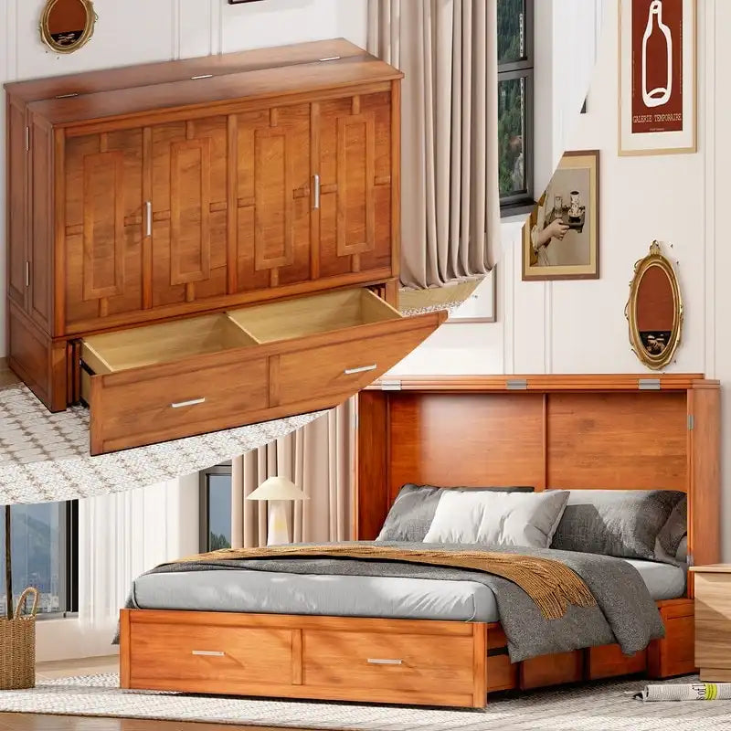 Lit escamotable Armoire-lit Murphy gris foncé / blanc / cerisier avec matelas, tiroir de rangement et station de recharge – Grand lit, 1 personne