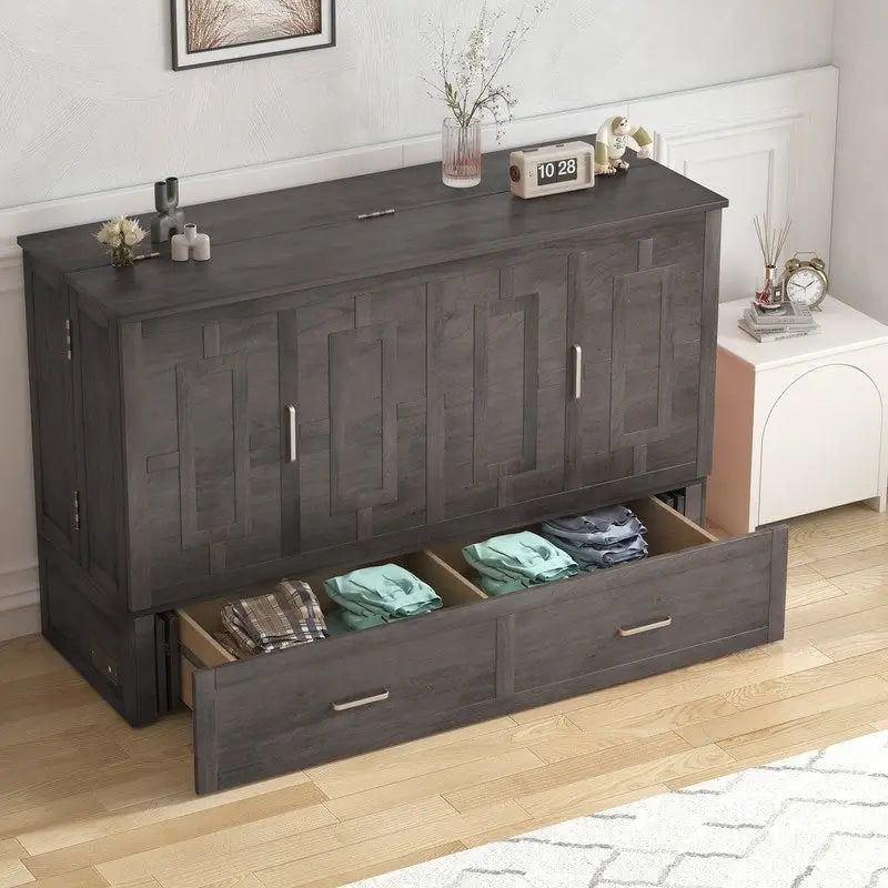 Lit escamotable Armoire-lit Murphy gris foncé / blanc / cerisier avec matelas, tiroir de rangement et station de recharge – Grand lit, 1 personne