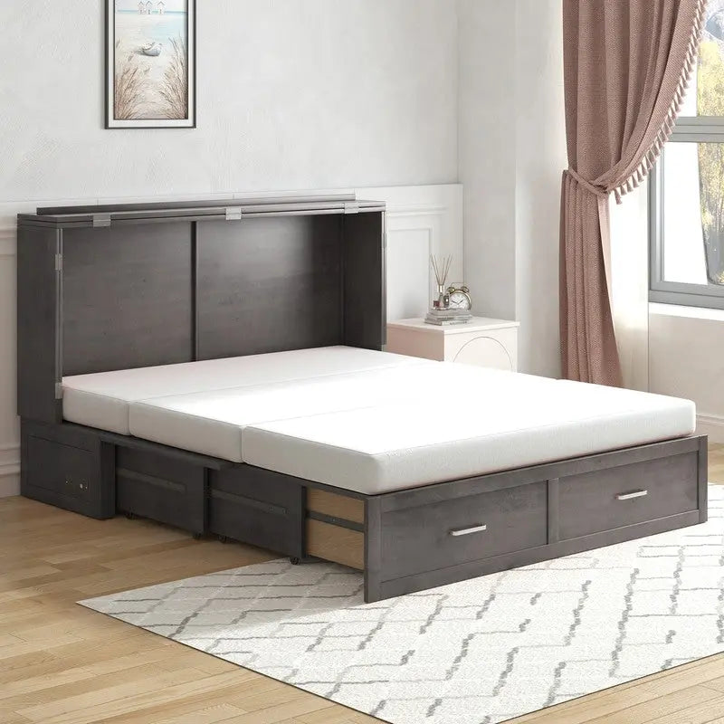 Lit escamotable Armoire-lit Murphy gris foncé / blanc / cerisier avec matelas, tiroir de rangement et station de recharge – Grand lit, 1 personne