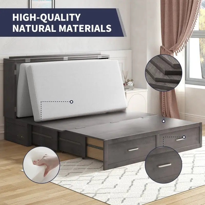 Lit escamotable Armoire-lit Murphy gris foncé / blanc / cerisier avec matelas, tiroir de rangement et station de recharge – Grand lit, 1 personne