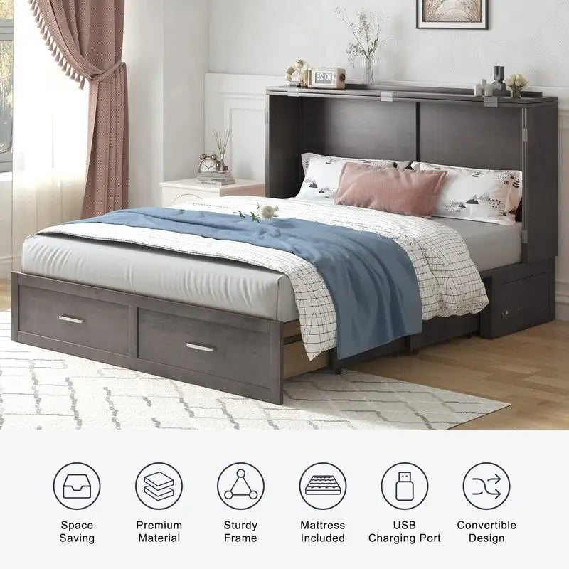 Lit escamotable Armoire-lit Murphy gris foncé / blanc / cerisier avec matelas, tiroir de rangement et station de recharge – Grand lit, 1 personne