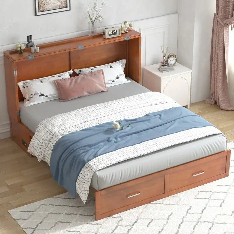 Lit escamotable Armoire-lit Murphy gris foncé / blanc / cerisier avec matelas, tiroir de rangement et station de recharge – Grand lit, 1 personne