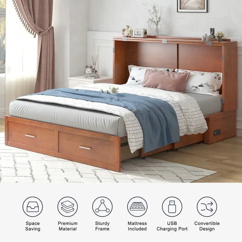 Lit escamotable Armoire-lit Murphy gris foncé / blanc / cerisier avec matelas, tiroir de rangement et station de recharge – Grand lit, 1 personne