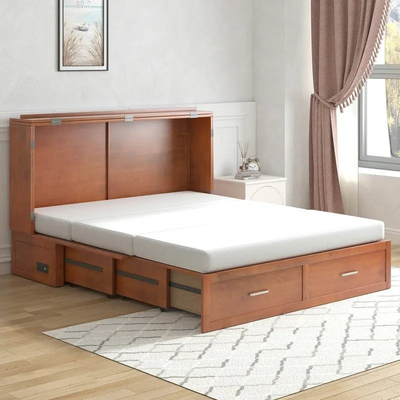 Lit escamotable Armoire-lit Murphy gris foncé / blanc / cerisier avec matelas, tiroir de rangement et station de recharge – Grand lit, 1 personne